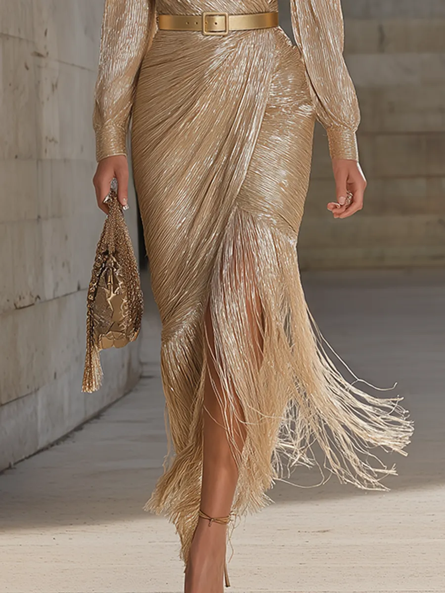 Chic And Sophisticated V-neck Tassel Champagne Shimmering Maxi Dress sold by Oyrosy product image thumbnail 4