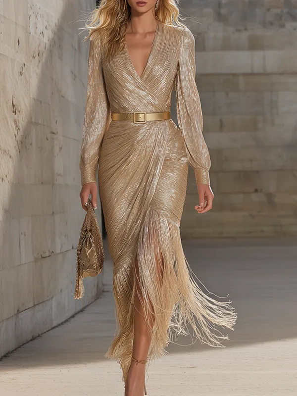 Chic And Sophisticated V-neck Tassel Champagne Shimmering Maxi Dress made by Oyrosy