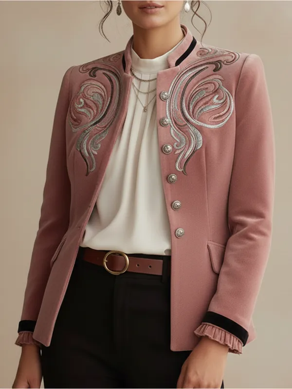 Retro Western-style Stand-up Collar Embroidered Pink Velvet Jacket sold by Oyrosy
