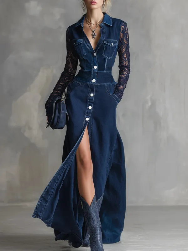 Elegant Urban Navy Blue Denim Lace Long-sleeved Button-down Maxi Dress sold by Oyrosy