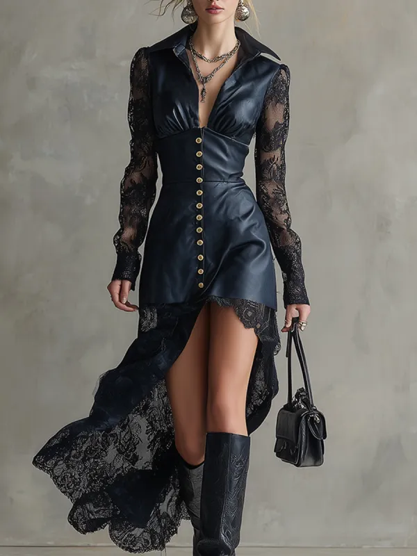 Retro Sexy Blue-black Faux Leather Lace Long-sleeved Maxi Dress sold by Oyrosy