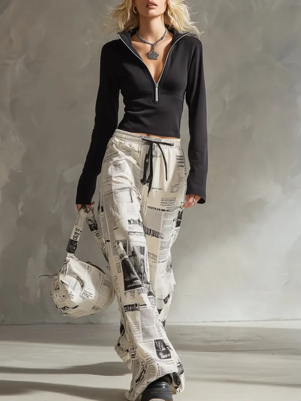 Stylish Urban Sporty Black Hoodie With Newspaper Print Sweatpants Set sold by Oyrosy