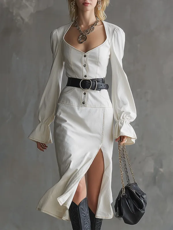 Elegant And Stylish White Stretch Denim Belt Midi Dress sold by Oyrosy