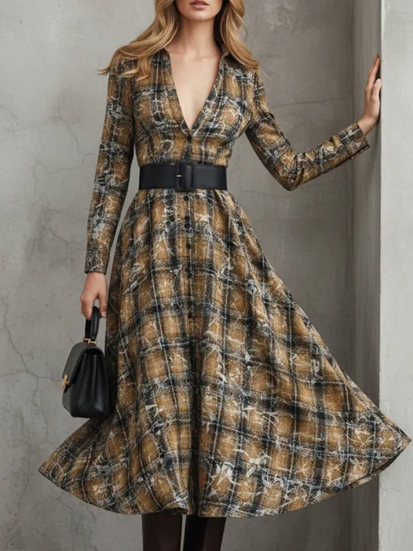 Retro Yellow And Black Printed Plaid Lapel Maxi Dress sold by Oyrosy