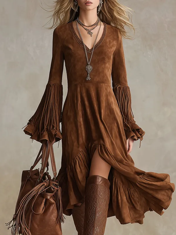 Vintage Bohemian Brown Faux Suede Cuff Tassel Midi Dress sold by Oyrosy
