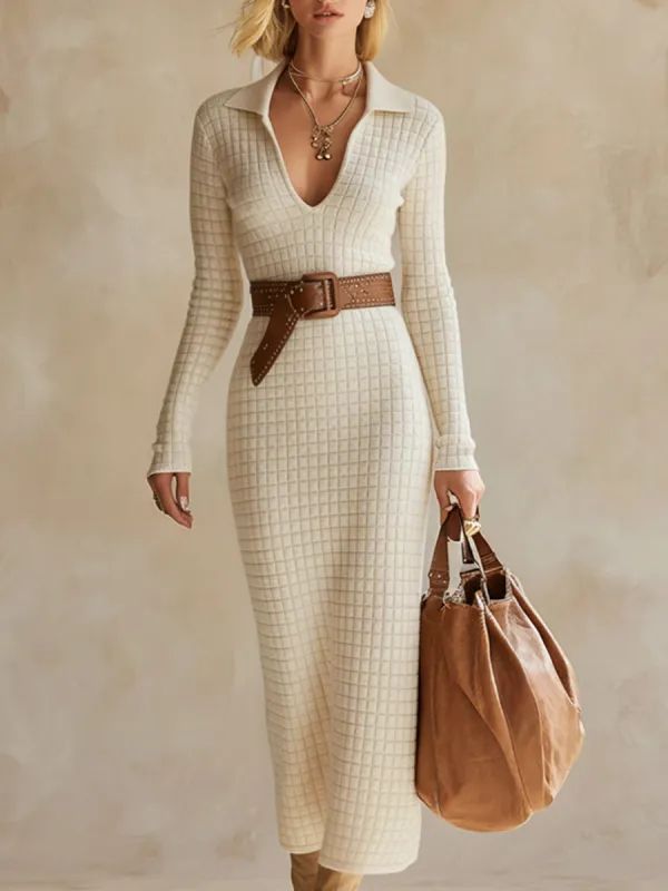 Exquisite And Classic Off-white Checkered Knit Maxi Dress sold by Oyrosy