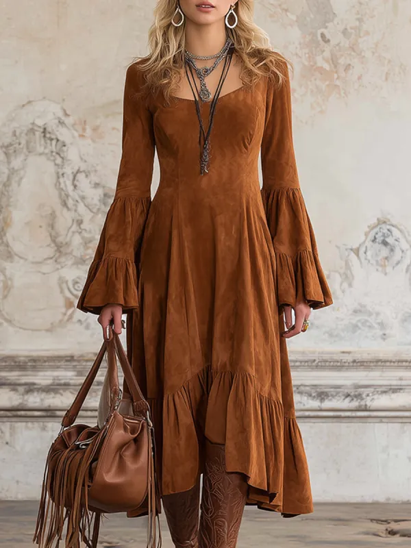Elegant Urban Caramel-colored Faux Suede Flared Long-sleeved Midi Dress sold by Oyrosy
