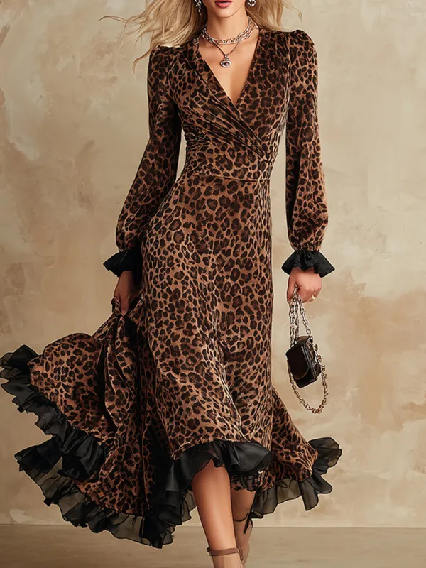 Elegant And Sexy Brown Leopard Print Velvet Color-blocked Ruffled V-neck Maxi Dress sold by Oyrosy