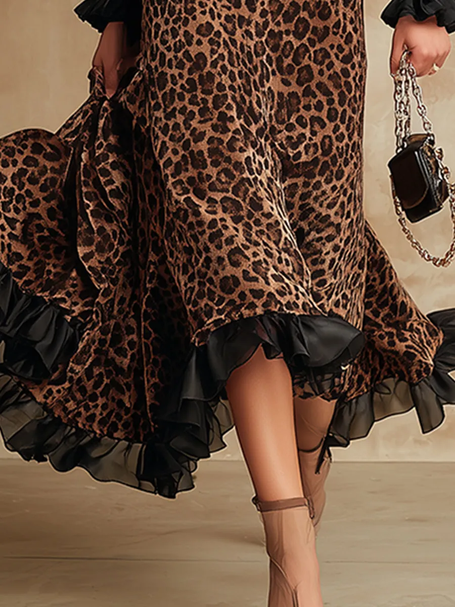 Elegant And Sexy Brown Leopard Print Velvet Color-blocked Ruffled V-neck Maxi Dress sold by Oyrosy product image thumbnail 4