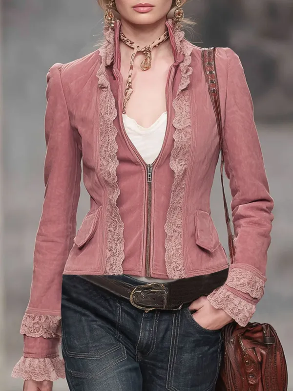 Stand-up Collar Lace Trim Zipper Faux Suede Jacket sold by Oyrosy