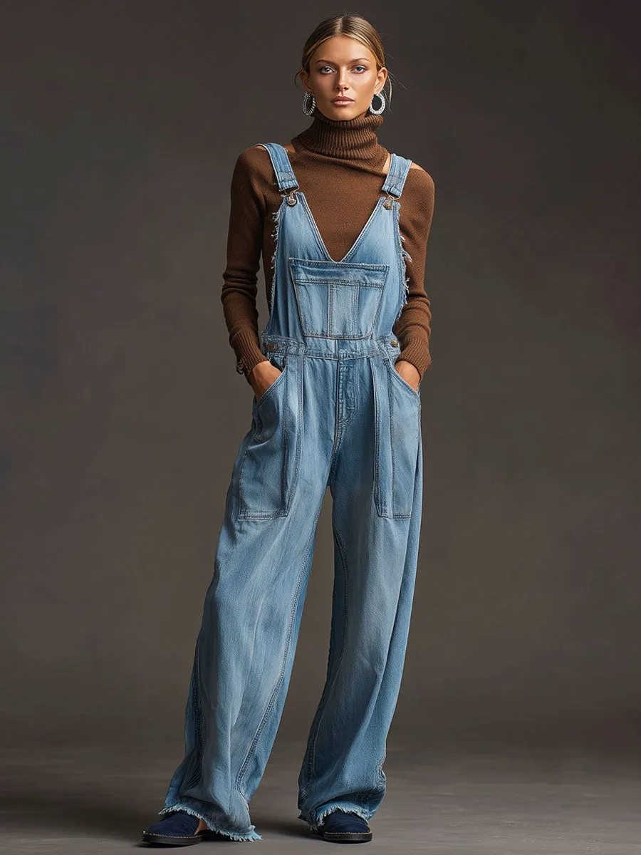 Casual Retro Washed Frayed Light Blue Denim Wide-leg Overalls sold by Oyrosy product image thumbnail 2