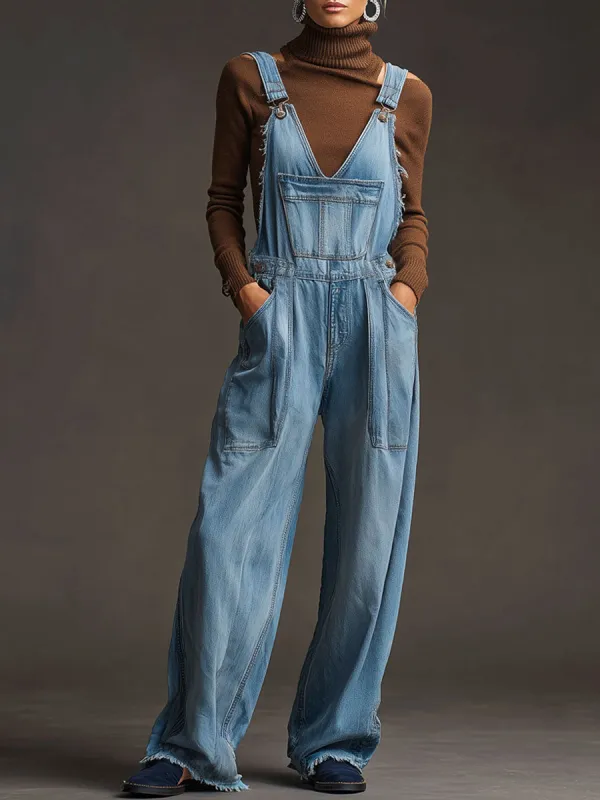 Casual Retro Washed Frayed Light Blue Denim Wide-leg Overalls sold by Oyrosy