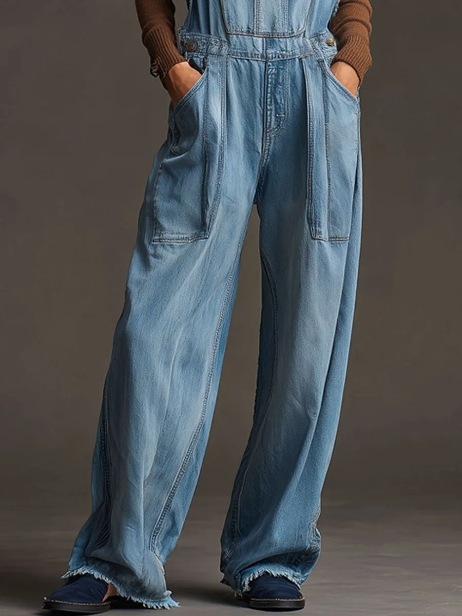 Casual Retro Washed Frayed Light Blue Denim Wide-leg Overalls sold by Oyrosy product image thumbnail 4
