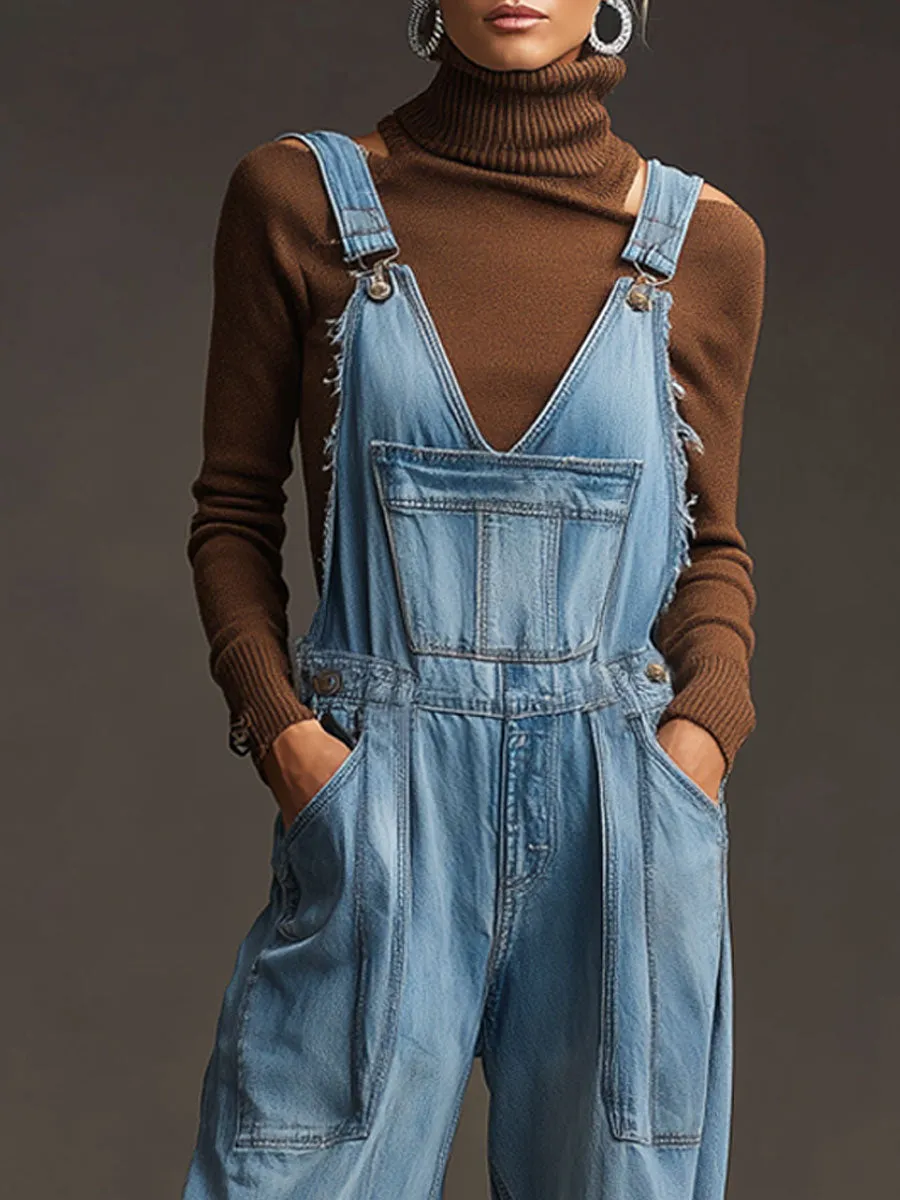 Casual Retro Washed Frayed Light Blue Denim Wide-leg Overalls sold by Oyrosy product image thumbnail 3