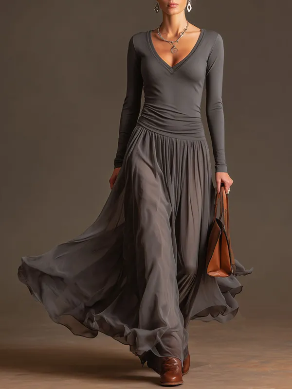Fashionable Retro Gray V-neck Long-sleeved Chiffon Maxi Dress sold by Oyrosy