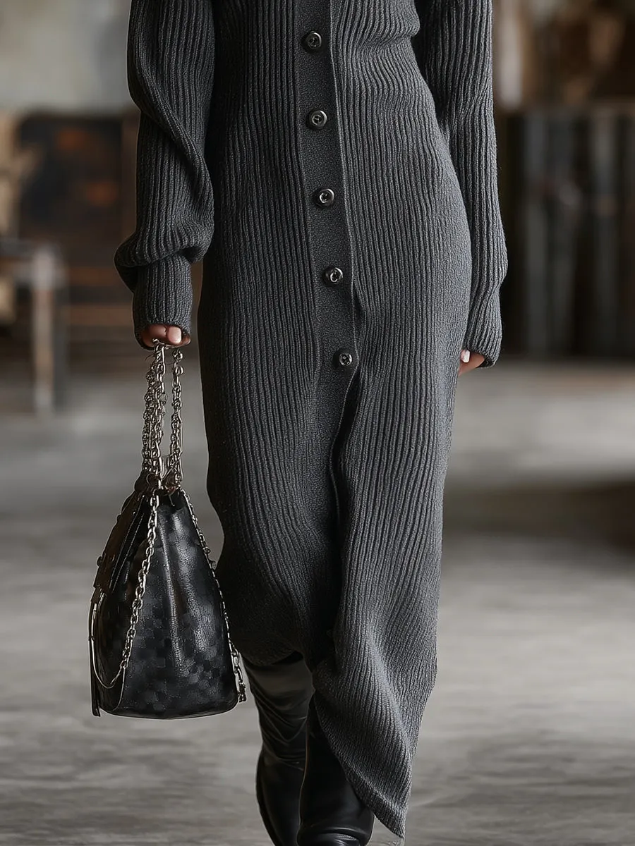 Stylish And Casual Button-decorated Gray Knit Maxi Dress sold by Oyrosy product image thumbnail 4