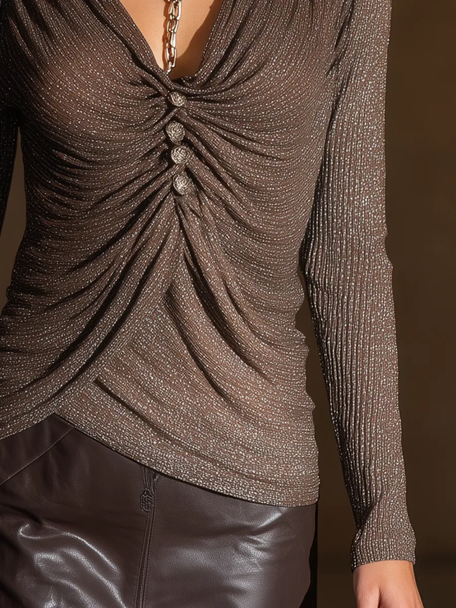 Trendy Urban V-neck Pleated Slightly Shimmering Brown T-shirt sold by Oyrosy product image thumbnail 4