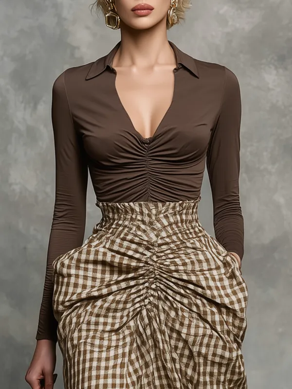 Retro Western Style Stylish Pleated V-Neck Brown T-Shirt sold by Oyrosy