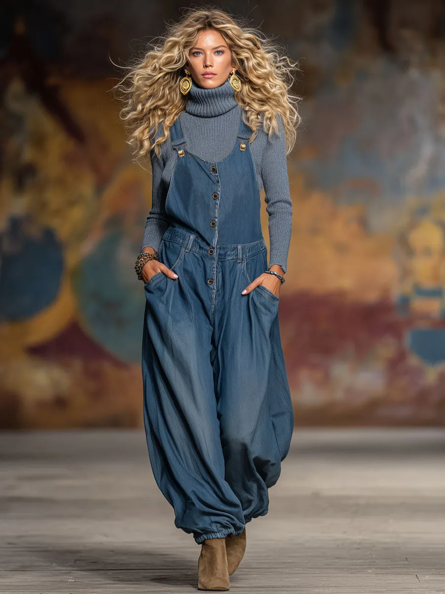 Retro-style Loose-fitting Pocket Denim Overalls sold by Oyrosy product image thumbnail 4