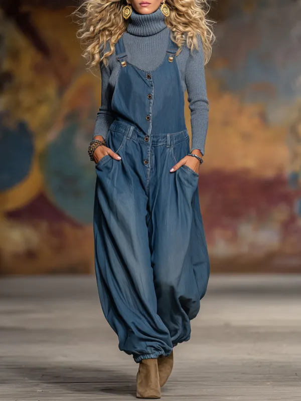 Retro-style Loose-fitting Pocket Denim Overalls sold by Oyrosy