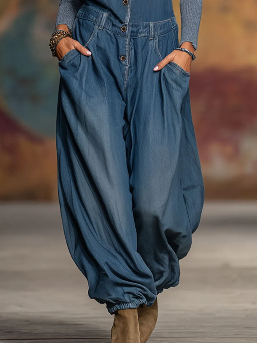 Retro-style Loose-fitting Pocket Denim Overalls sold by Oyrosy product image thumbnail 3