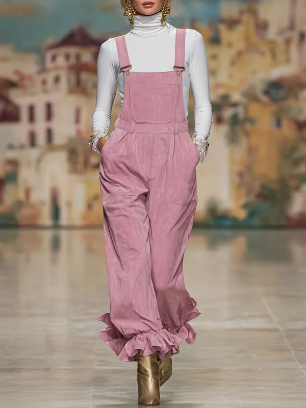 Pink Multi-pocket Ruffled Faux Suede Overalls made by Oyrosy