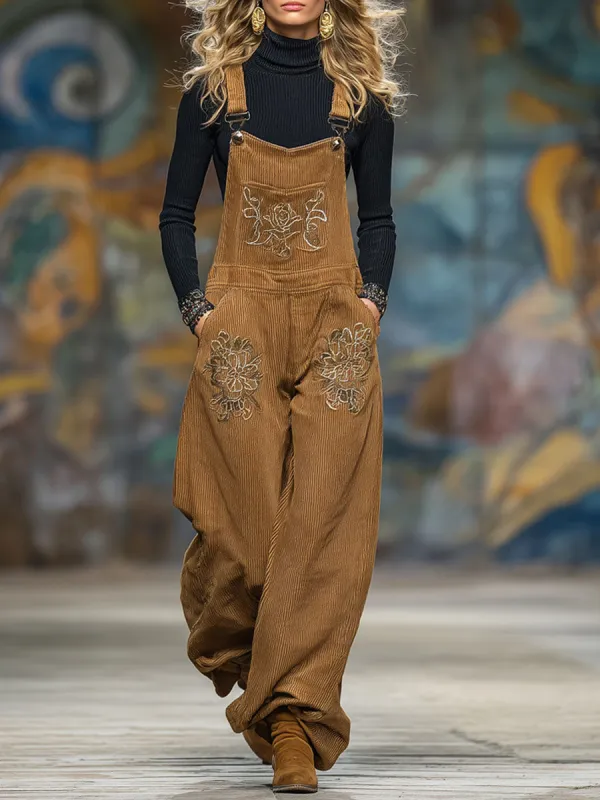 Loose-fitting Corduroy Embroidered Multi-pocket Overalls sold by Oyrosy