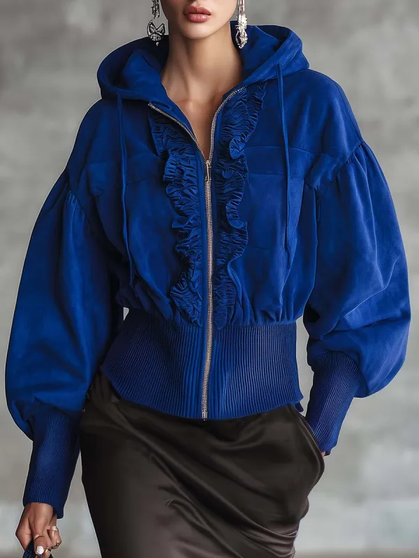 Vintage Elegant Ruffled Front Zip-up Royal Blue Suede Hooded Jacket sold by Oyrosy
