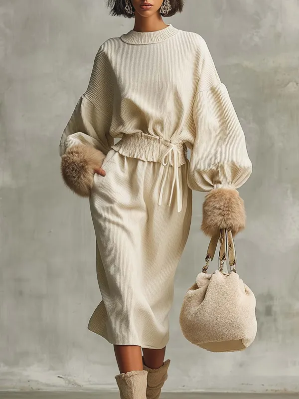 Elegant Exquisite Round Neck Ruffled Waist Detachable Faux Fur Cuffs Cream Corduroy Midi Dress sold by Oyrosy