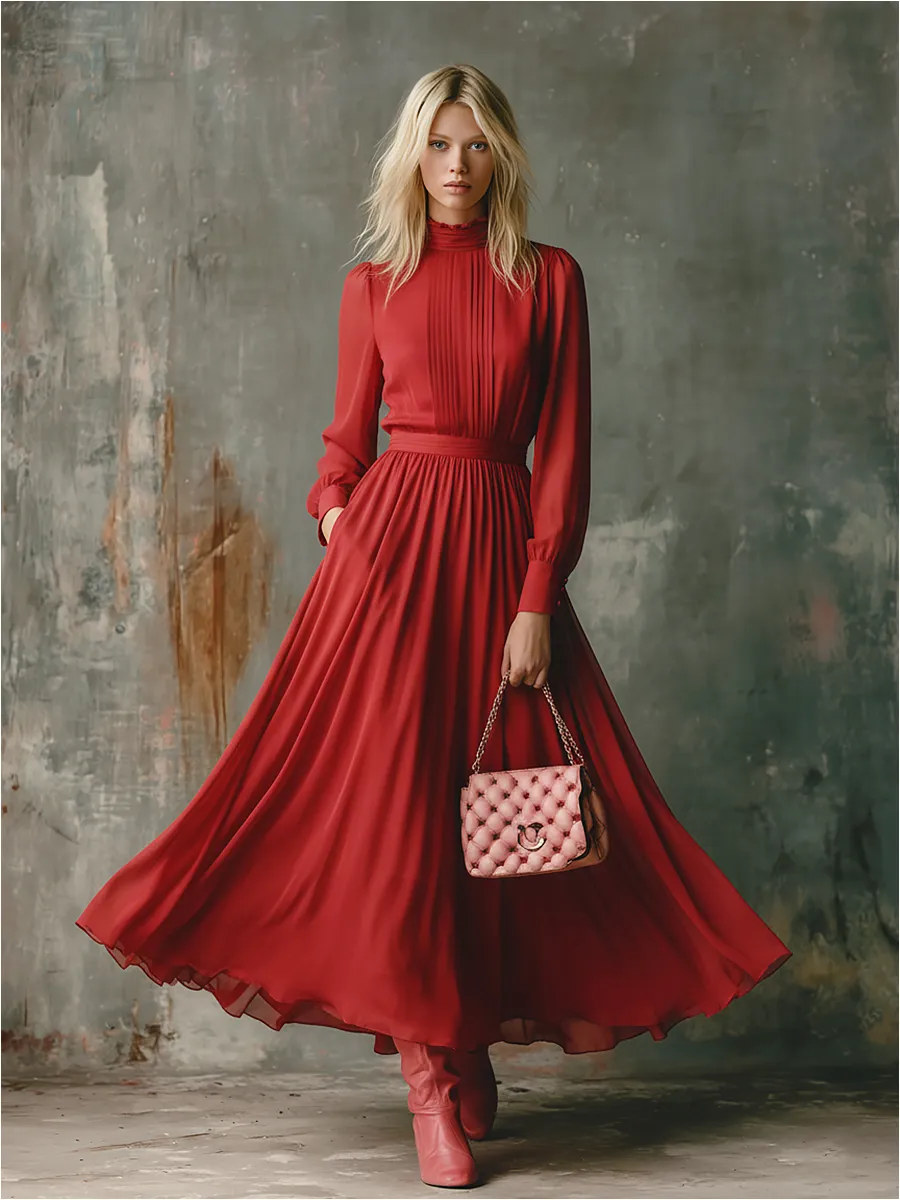 Elegant Stand Collar Long Sleeve Chiffon Maxi Dress sold by Oyrosy product image thumbnail 2