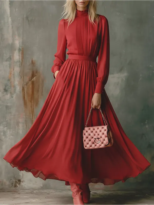 Elegant Stand Collar Long Sleeve Chiffon Maxi Dress sold by Oyrosy
