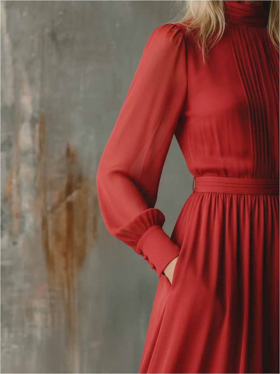 Elegant Stand Collar Long Sleeve Chiffon Maxi Dress sold by Oyrosy product image thumbnail 4