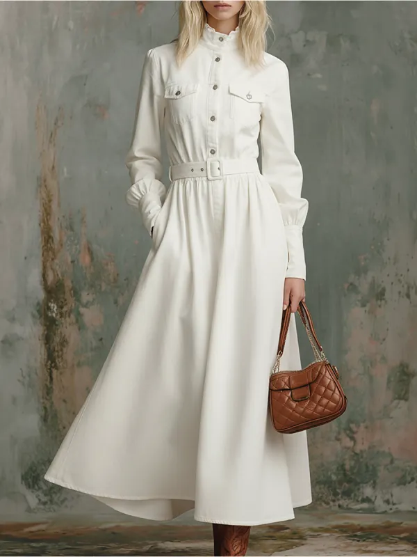 Elegant Retro Solid Color Stand Collar Long Sleeve Denim Maxi Dress sold by Oyrosy