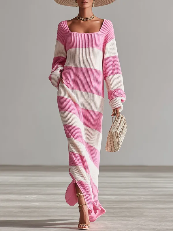 Elegant Pink And White Knit Square Neck Slit Maxi Dress sold by Oyrosy
