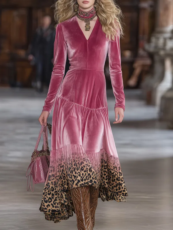 Elegant Western-style Leopard Print V-neck Pink Velvet Maxi Dress sold by Oyrosy