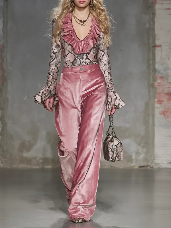 Retro Western-style Snake Print V-neck Ruffled Pink Velvet Top And Wide-leg Pants Set sold by Oyrosy