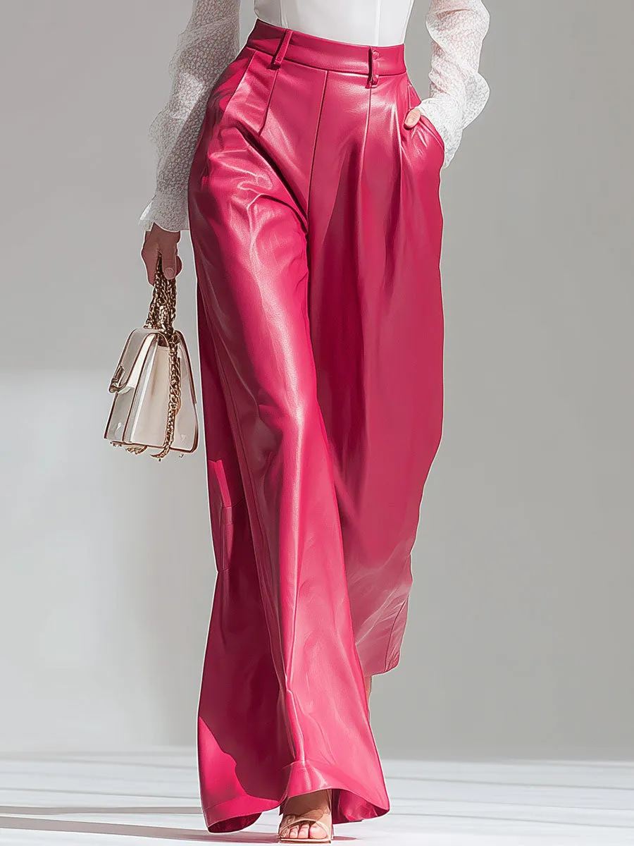 Stylish Loose-fitting Pink Faux Leather Pants sold by Oyrosy