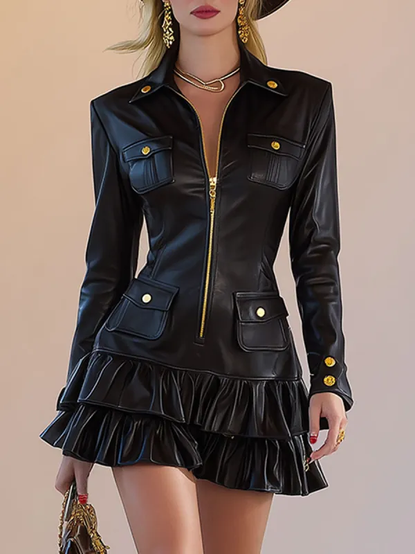 Stylish Black Zippered Ruffled Faux Leather Mini Dress sold by Oyrosy