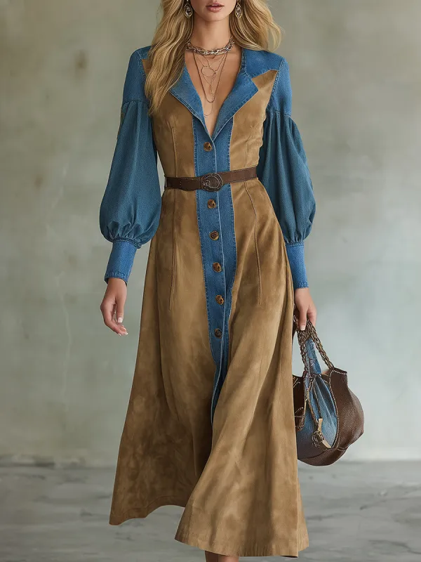 Retro Casual Denim Collar Khaki Faux Suede Maxi Dress sold by Oyrosy