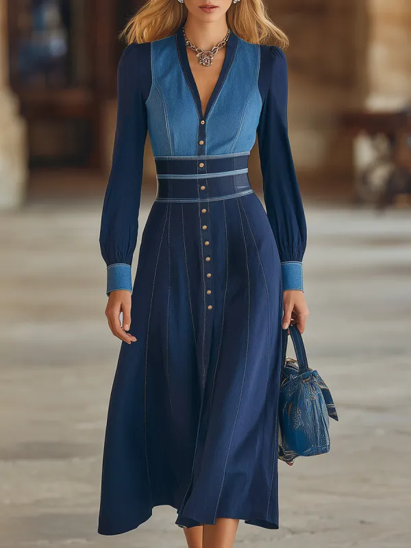 Retro Casual Blue And Dark Blue Denim Patchwork V-neck Midi Dress sold by Oyrosy