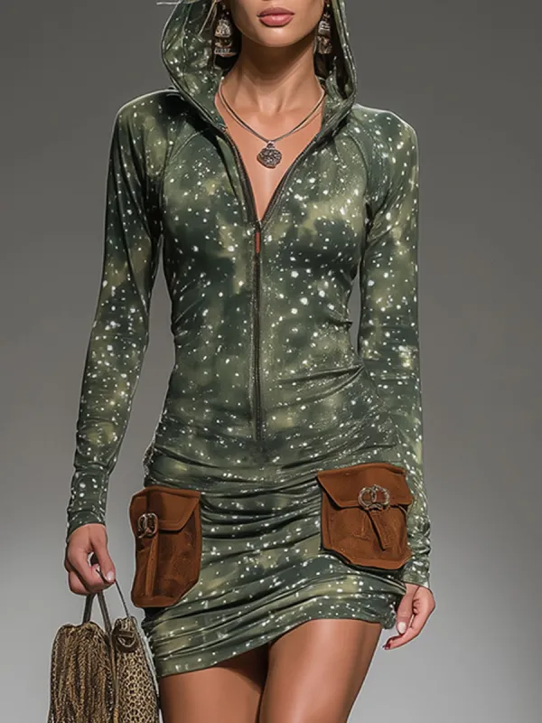 Stylish And Sporty Green Camouflage Hooded Mini Dress sold by Oyrosy