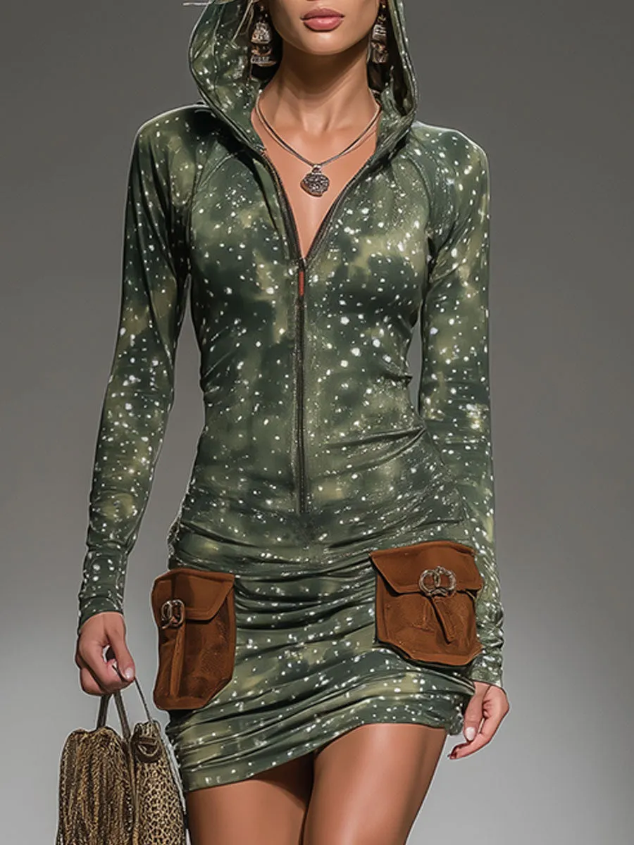 Stylish And Sporty Green Camouflage Hooded Mini Dress sold by Oyrosy