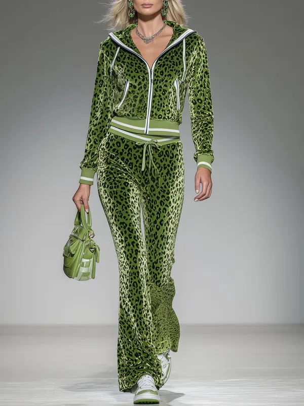 Stylish And Casual Green Leopard Print Hoodie And Pants Set sold by Oyrosy