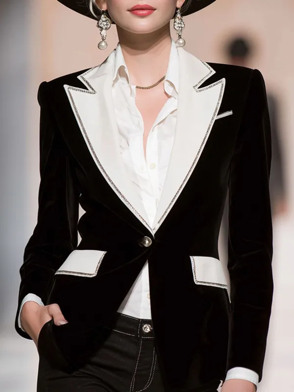 Stylish Black And White Contrasting Velvet Blazer sold by Oyrosy