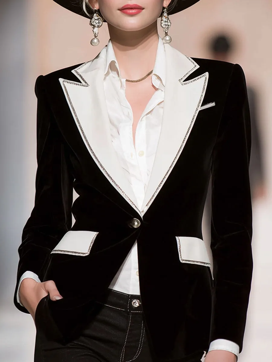 Stylish Black And White Contrasting Velvet Blazer sold by Oyrosy