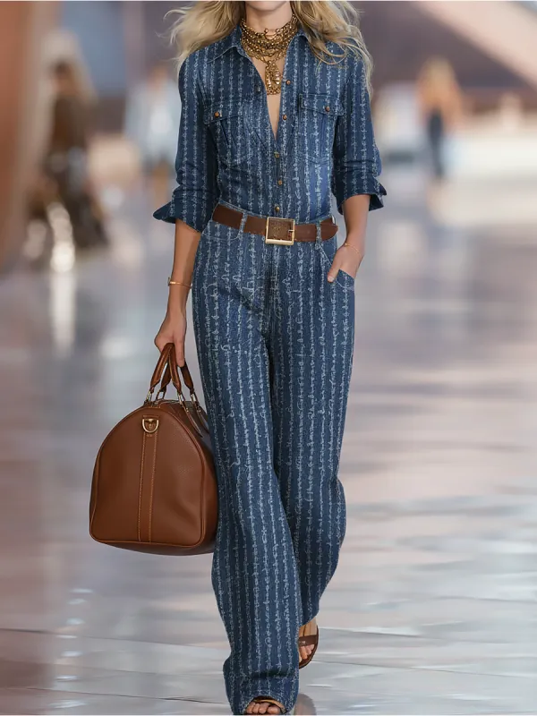 Retro-style Frayed Striped Denim Shirt And Wide-leg Pants Set sold by Oyrosy