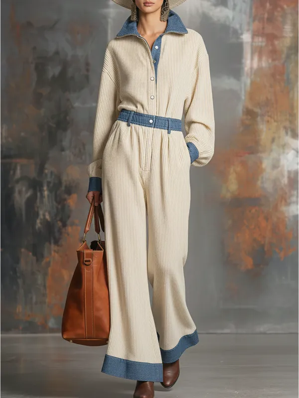 Retro Denim Patchwork Corduroy Shirt And Wide-leg Pants Set sold by Oyrosy