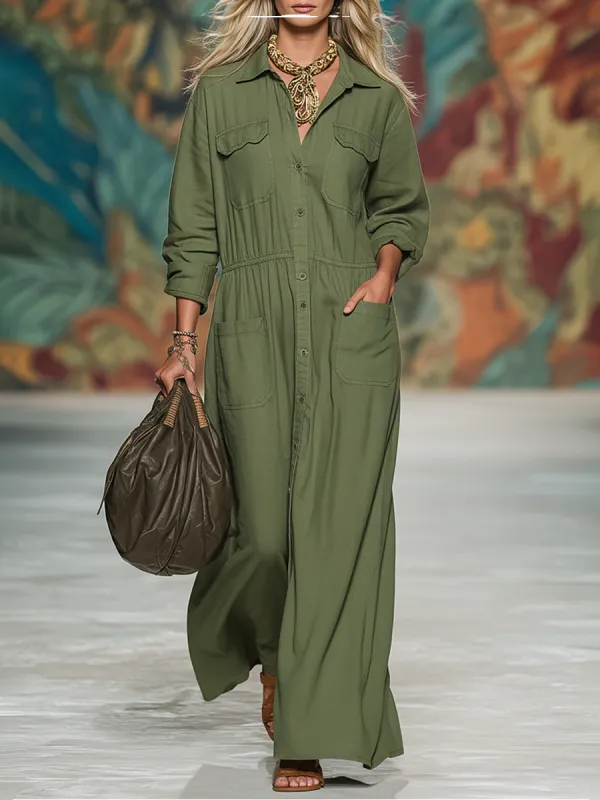 Retro Casual Loose Solid Color Multi-pocket Maxi Dress sold by Oyrosy