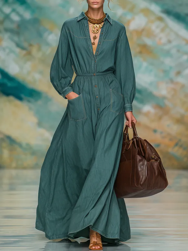 Retro Casual Fashion Lapel Long Denim Dress sold by Oyrosy