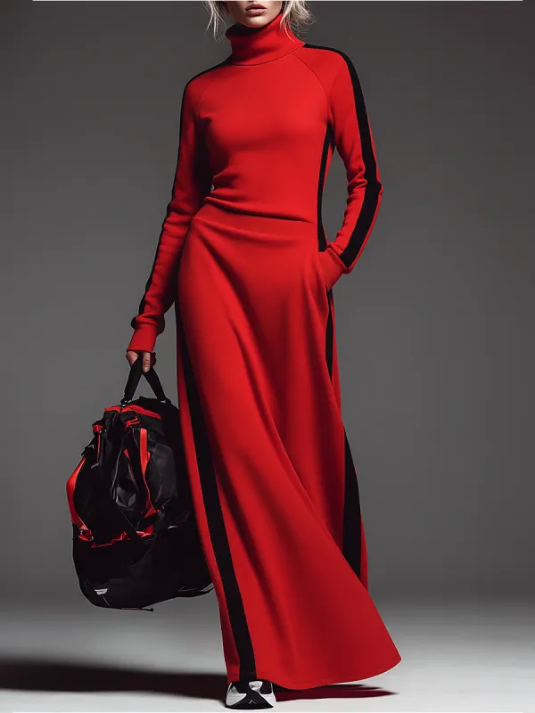 Retro Sporty Turtleneck Color-blocked Striped Maxi Dress sold by Oyrosy